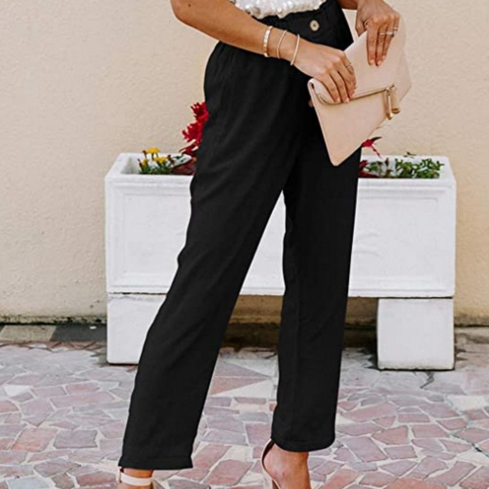 NIMI Womens Casual Pants Comfy Cropped Work Pants w/ Pockets Elastic High Waist